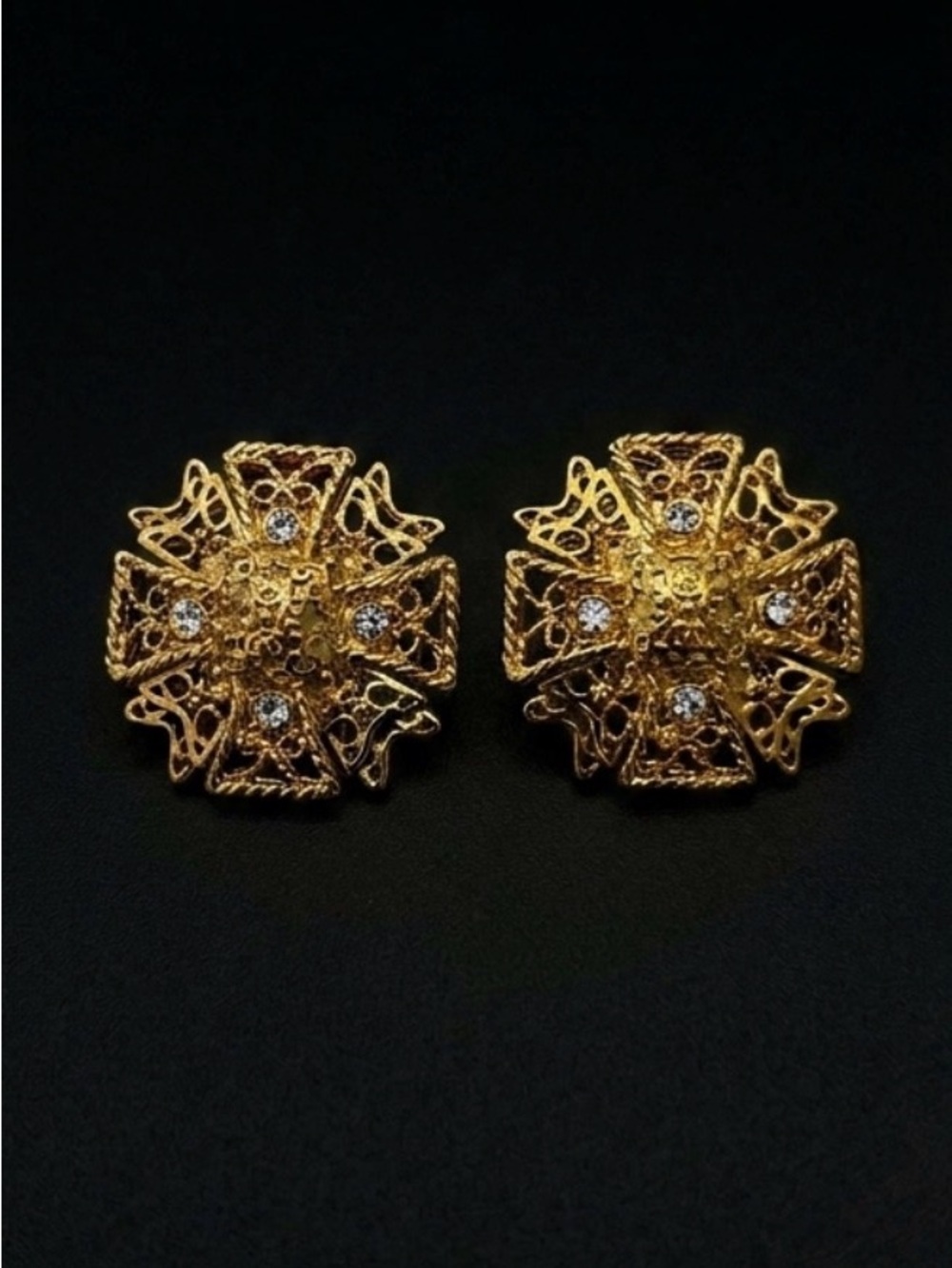 #280 KJL Gold Plated Rhinestone Maltese Cross Clip-on Earrings